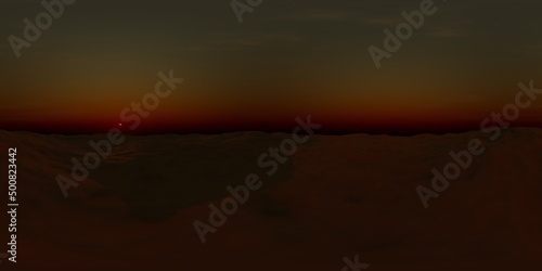 8K 360 degree HDRI map, sandy desert under blue and red sky with stars a few clouds before sunrise (3d nature illustration, spherical background environment, equirectangular panorama)