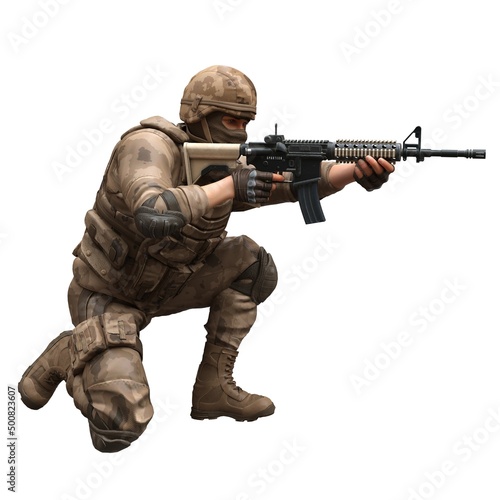 Fototapeta Soldier with a machine gun isolated white background 3d illustration