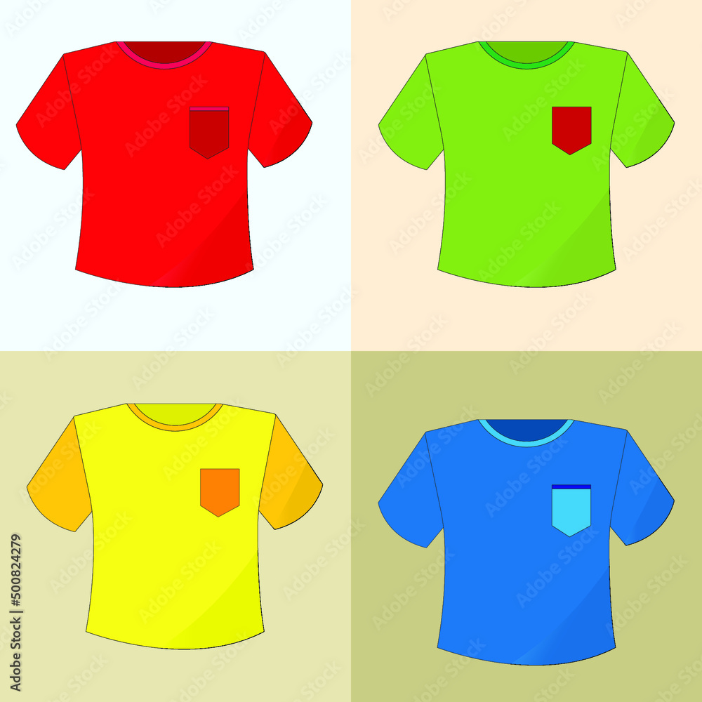 Set of multi-colored T-shirts with pockets on a colored background Set of multi-colored T-shirts with pockets on a colored background