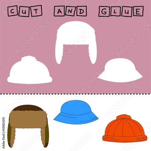 worksheet vector design, the task is to cut and glue a piece on  hat, panama, earflaps .  Logic game for children.