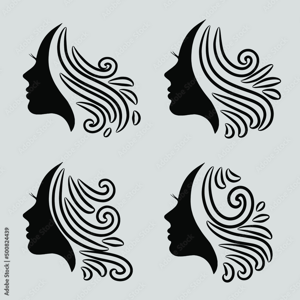 Set of beauty hair salon and spa logo with portrait illustration of a beautiful woman