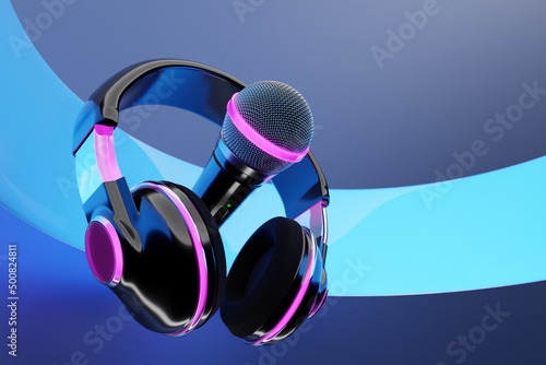 microphone, round shape model and wireless headphones on blue background, realistic 3d illustration. music award, karaoke, radio and recording studio sound equipment