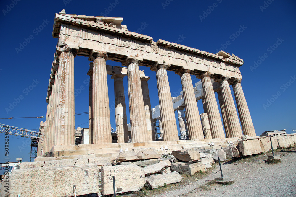 Ancient Greek temple Parthenon at Acropolis in Athens, Greece. Acropolis is an ancient citadel located on a rocky outcrop above the city of Athens.