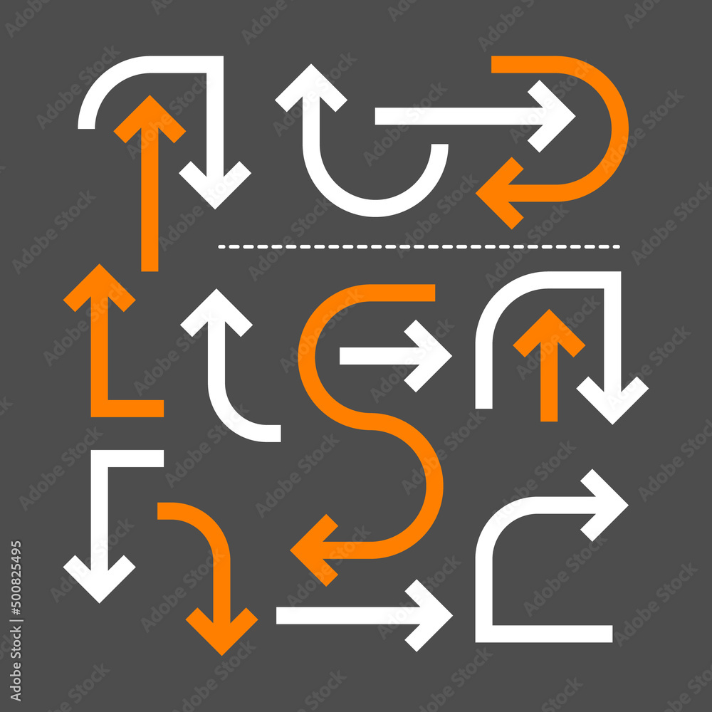 Geometric orange and white arrows set. - Vector.