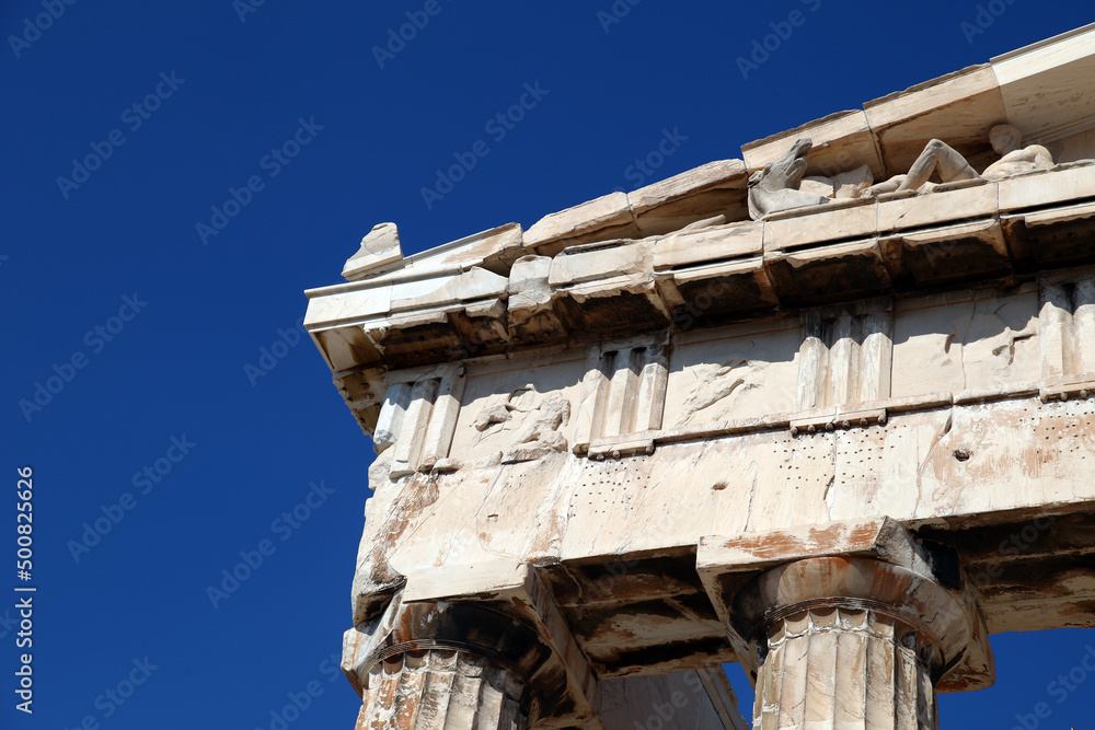 Acropolis Parthenon Temple detail in Athens, Greece. Acropolis is an ancient citadel located on a rocky outcrop above the city of Athens.