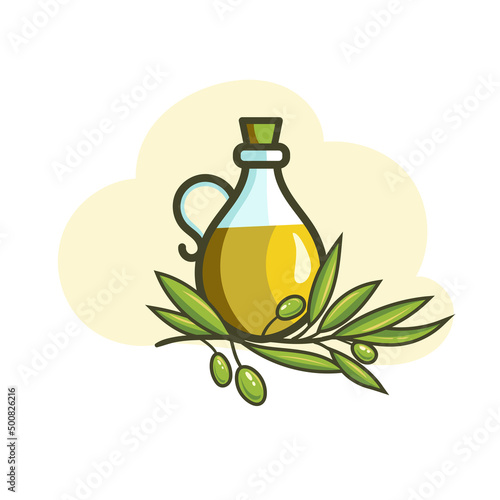glass bottle of olive oil and olives with leaves
