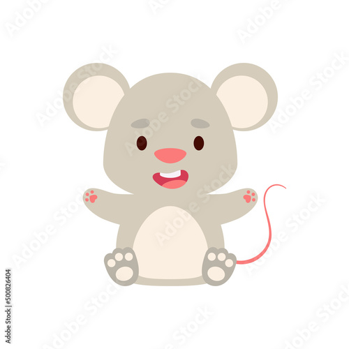 Cute little sitting mouse. Cartoon animal character design for kids t-shirts, nursery decoration, baby shower, greeting cards, invitations, bookmark, house interior. Vector stock illustration