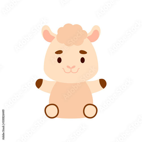 Cute little sitting alpaca. Cartoon animal character design for kids t-shirts  nursery decoration  baby shower  greeting cards  invitations  bookmark  house interior. Vector stock illustration