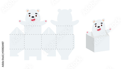 Simple packaging favor box polar bear design for sweets, candies, small presents. Party package template for any purposes, birthday, baby shower. Print, cut out, fold, glue. Vector stock illustration