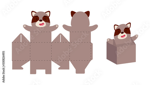 Simple packaging favor box raccoon design for sweets, candies, small presents. Party package template for any purposes, birthday, baby shower. Print, cut out, fold, glue. Vector stock illustration