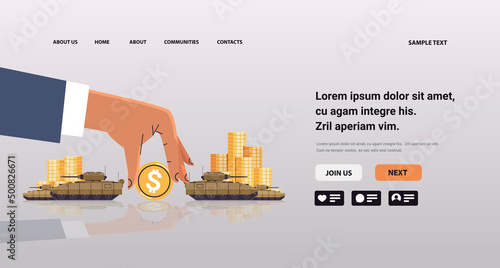 Ukrainian tank special army battle transport military equipment near dollar coins financing war sanctions metaphor