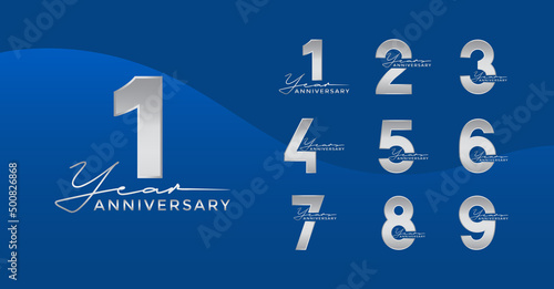 Set of Anniversary logotype silver color with blue background for celebration