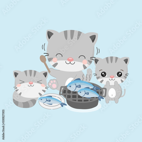 Cat and baby eating grilled fishes. Happy family concept.