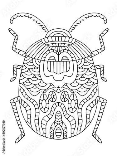 Vector colouring book page with hand-drawn unreal bug vector illustration. Funny cartoon natural coloring page for adults. Ornamental decorative insect linear illustration vector