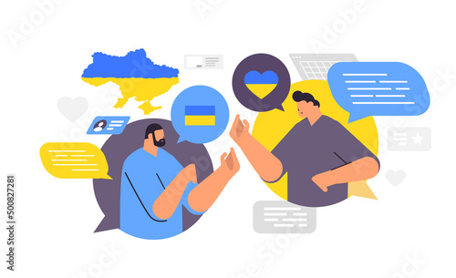 men ukrainian patriots discussing during virtual meeting pray for Ukraine peace save Ukraine from russia chat bubble communication stop war