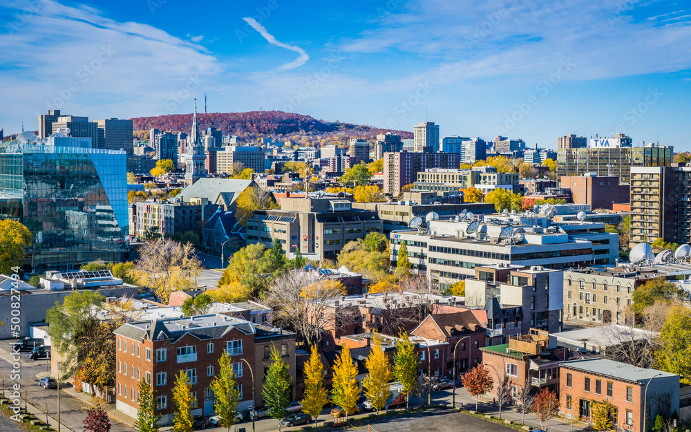 Fototapeta premium View on Montreal skyline, with Mount Royal in the background from the Jacques Cartier bridge, on a clear fall day