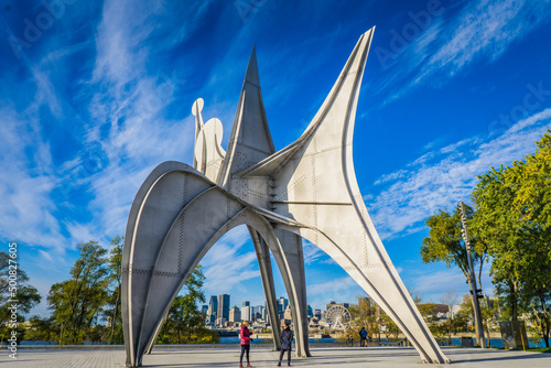 View on the Three Disks, also called "The Man", a gigantic steel sculpture of Alexander Calder, in Jean Drapeau park in Montreal, Canada