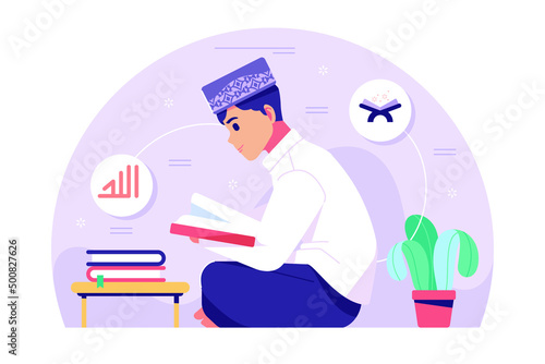 islamic boy character reading quran
