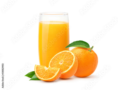 Orange juice with sacs. and sliced fruits isolate on white background.