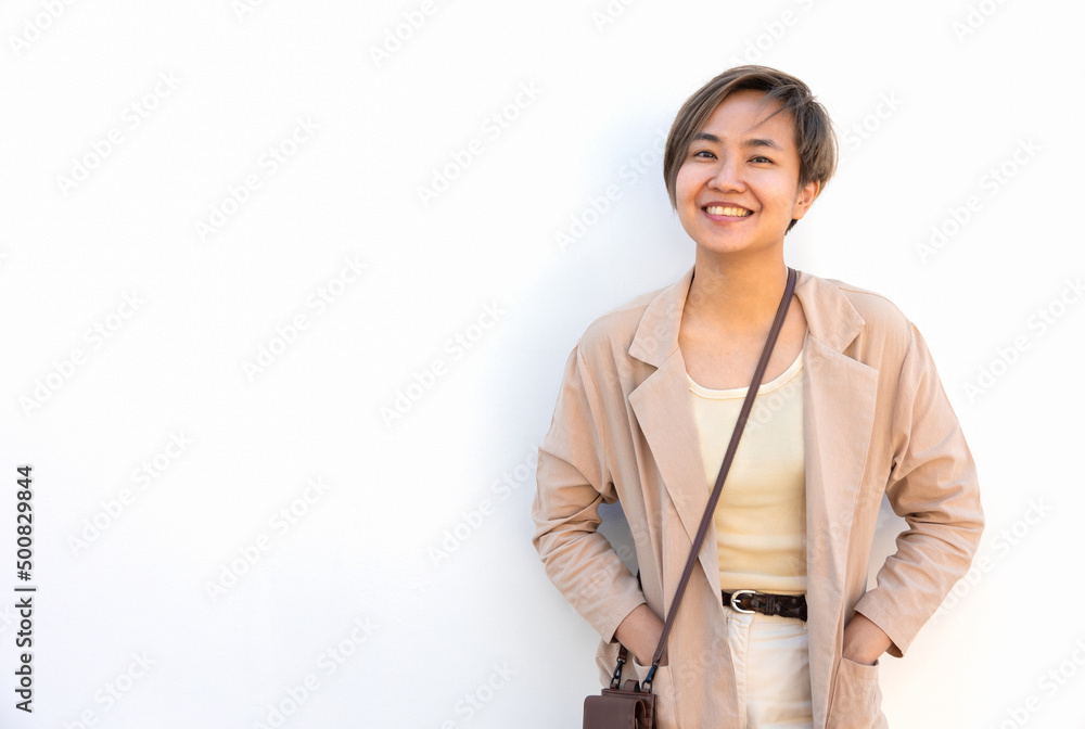 White background Portrait of beautiful and young asian woman with confident smile and posture shows concept of smart, attractive and positive business female with casual dress in modern lifestyle. White background Portrait of beautiful and young asian woman with confident smile and posture shows concept of smart, attractive and positive business female with casual dress in modern lifestyle.