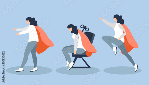 vector illustration in flat style. a set of pictures about a woman in a hero's cloak