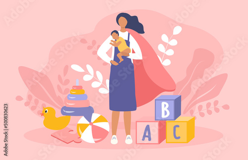 vector illustration in a flat style on the theme of motherhood, mother's day. A woman in a hero's cloak with a child in her arms stands among children's toys