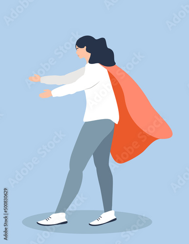 vector illustration in a flat style - a wonder woman in hero cloak holds out her hands to someone