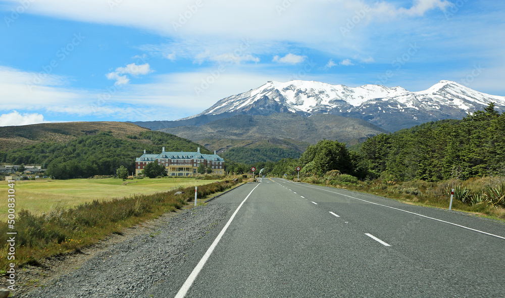 Hotel and Mt Ruapehu - Tongariro NP, New Zealand