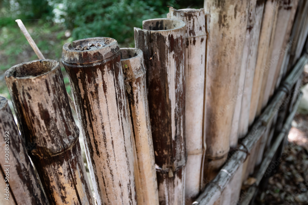 Close-up of a small fence made of bamboo. rough texture of bamboo Close-up of a small fence made of bamboo. rough texture of bamboo