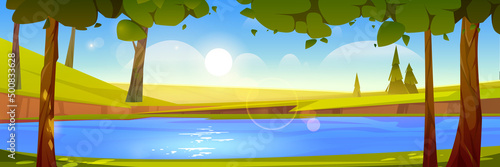 Forest pond nature landscape, calm lake, pond, river or creek flow under green trees and grassy shore. Wild beautiful scenery view, summer wood at day time cartoon background, Vector illustration