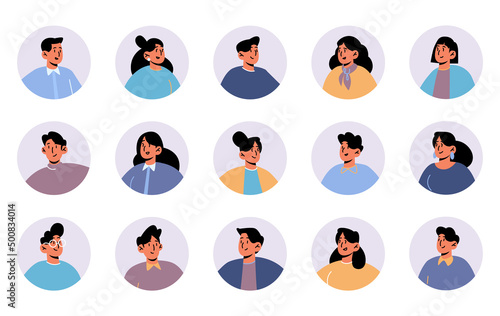 People avatars, round icons with faces of male and female characters. Young men or women with black hair color, different portraits for social media and web design, isolated Line art flat vector set