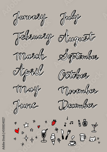 手帳・カレンダー　手描き筆記体文字・イラスト