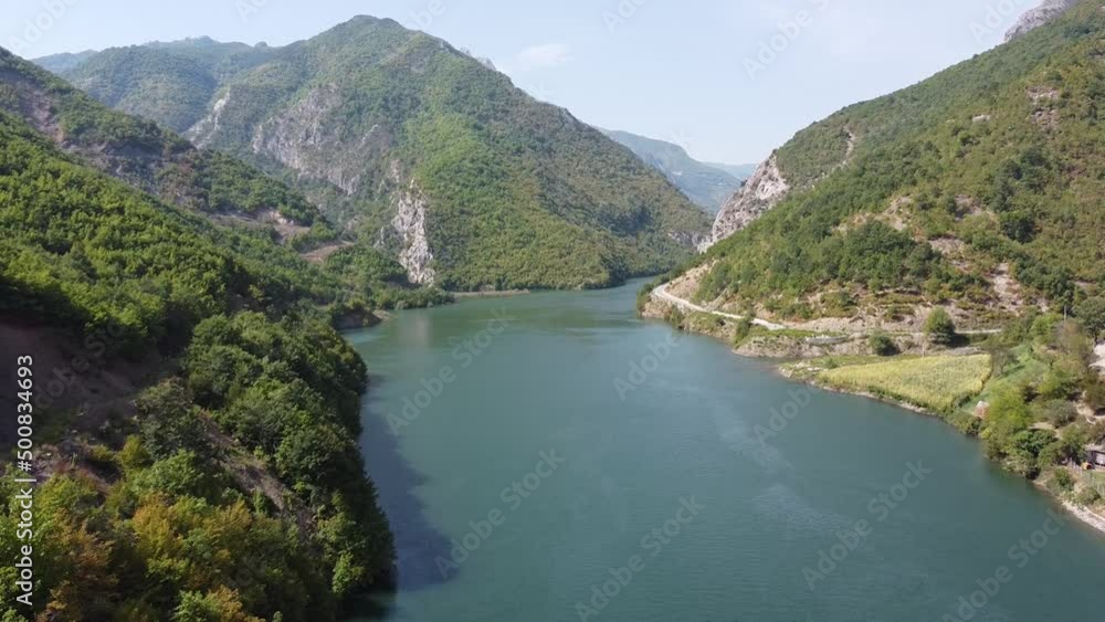 Lake Koman at Fierze, Albania - Aerial during Summer Sunny Day Lake Koman at Fierze, Albania - Aerial during Summer Sunny Day