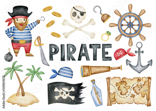 Cratoon pirate set. Sailor, flag, wheel, treasure map, island, scull, anchor, spyglass, coins. Children boy pirate clipart collection elements isolated on white background. Kids illustration photo