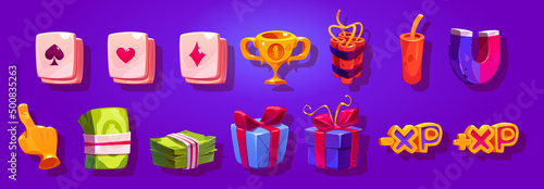 Game icons, cartoon playing cards, gold cup, dynamite, gift box and xp, pointing finger, money stack and magnet elements for online casino, game or mobile app user interface, Vector illustration, set
