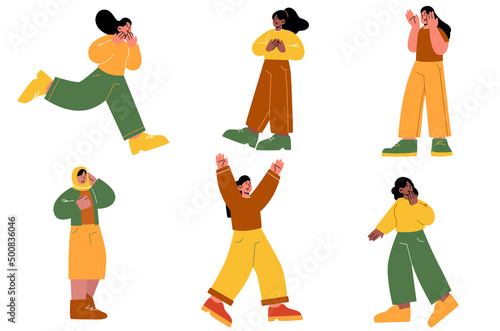 Frightened women, startled female characters scream, yell, escape danger. Diverse scared girls afraid phobia, panic attack, amazement and shock emotions, Linear cartoon flat vector illustration, set