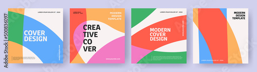 Creative covers or posters concept in modern minimal style for corporate identity, branding, social media advertising, promo. Minimalist cover design template with dynamic colorful overlay lines