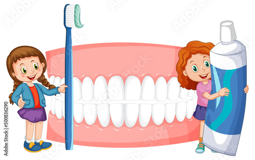 Children holding toothpaste and toothbrush with whiten teeth on white background
