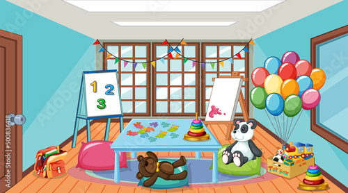 Empty kindergarten classroom interior with many kid toys