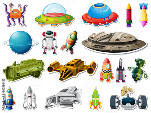 Sticker set of outer space objects and astronauts