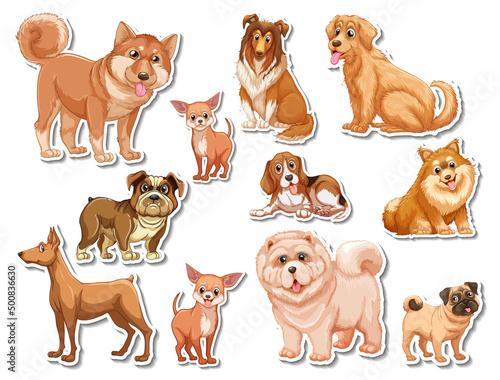 Sticker set of different dogs cartoon