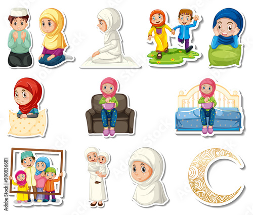 Sticker set of Islamic religious symbols and cartoon characters