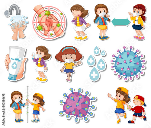 Sticker set of covid19 icons and cartoon characters