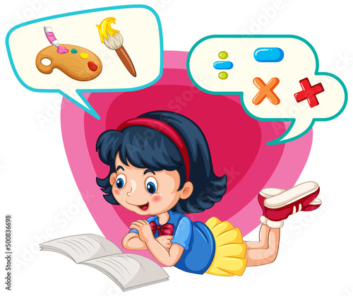 Girl reading book about arts and math