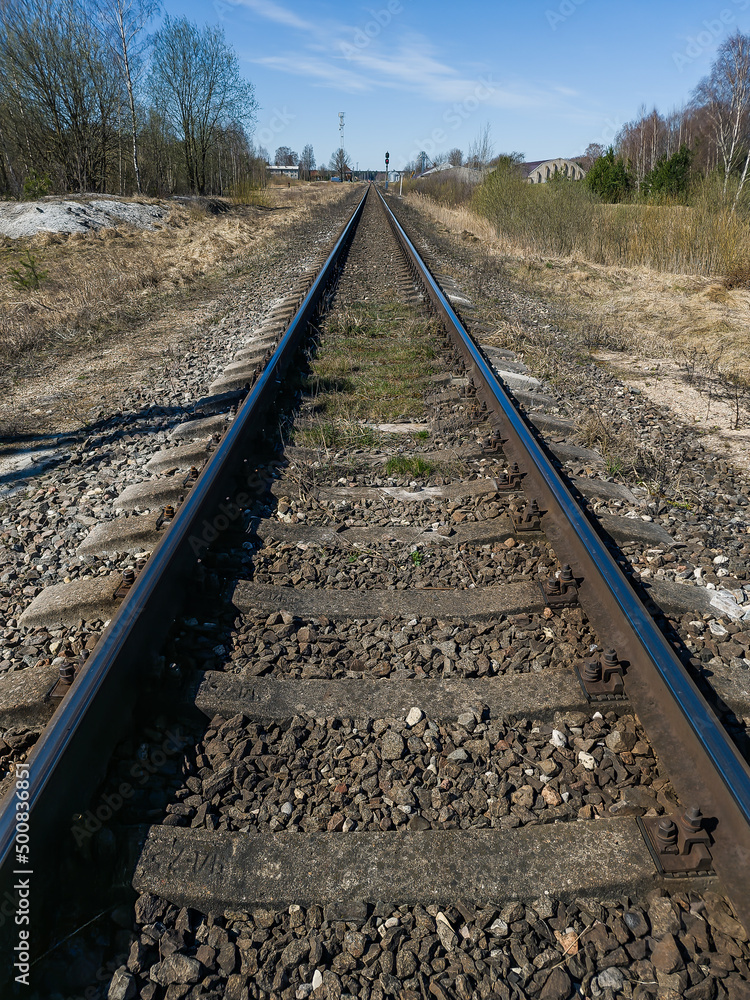 Fototapeta premium Railway tracks on a sunny spring day.