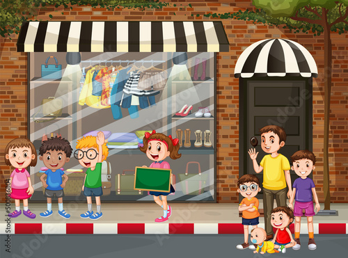 Street scene with people  on the sidewalk