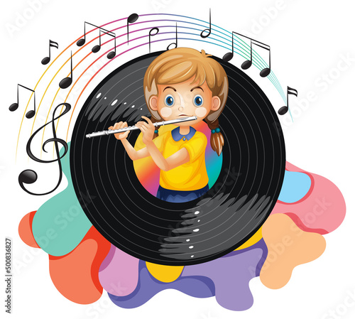 A girl playing flute and music melody symbols