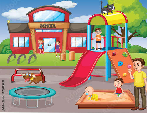 School scene with many kids