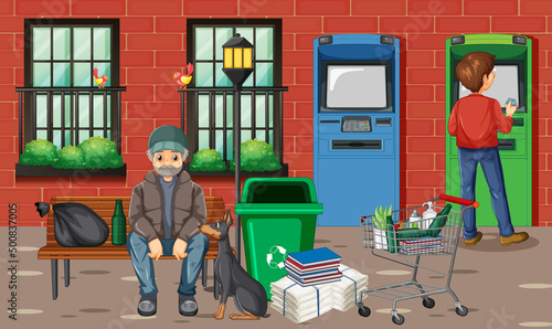Outdoor scene with homeless people