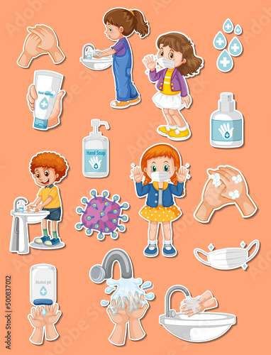 Sticker set of covid19 and cartoon character